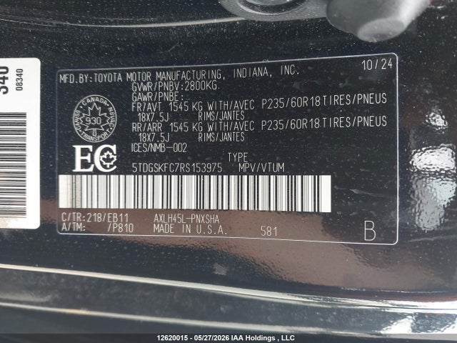 Aukcja sprzedaży 2024 Toyota Sienna, vin: 5TDGSKFC7RS153975, numer aukcji: 12620015