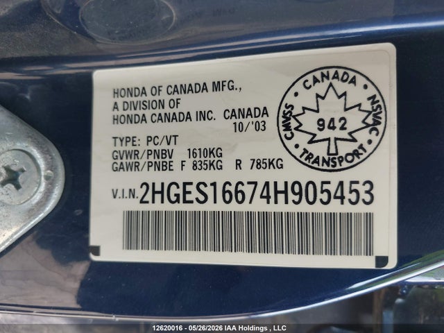12620016 :رقم المزاد ، 2HGES16674H905453 vin ، 2004 Honda Civic Lx مزاد بيع