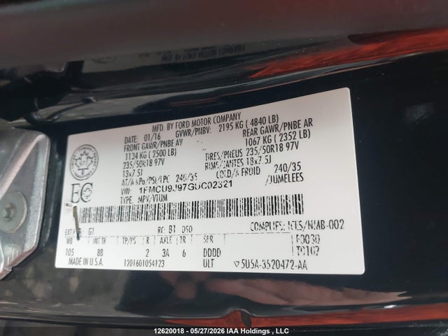 Продажа на аукционе авто 2016 Ford Escape Titanium, vin: 1FMCU9J97GUC02321, номер лота: 12620018