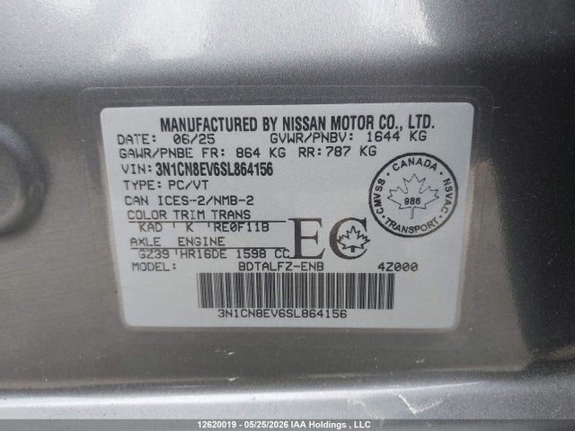 Продаж на аукціоні авто 2025 Nissan Versa Sv, vin: 3N1CN8EV6SL864156, номер лоту: 12620019