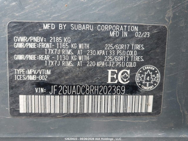 2024 Subaru Crosstrek Touring მანქანა იყიდება აუქციონზე, vin: JF2GUADC8RH202369, აუქციონის ნომერი: 12620023