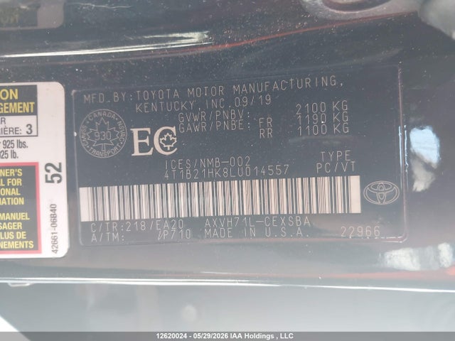 12620024 :رقم المزاد ، 4T1B21HK8LU014557 vin ، 2020 Toyota Camry Xle/se مزاد بيع