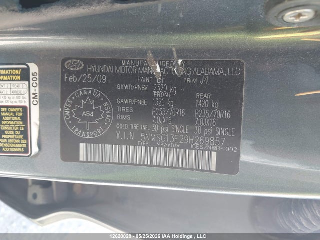 2009 Hyundai Santa Fe Gl მანქანა იყიდება აუქციონზე, vin: 5NMSG13E29H269857, აუქციონის ნომერი: 12620028