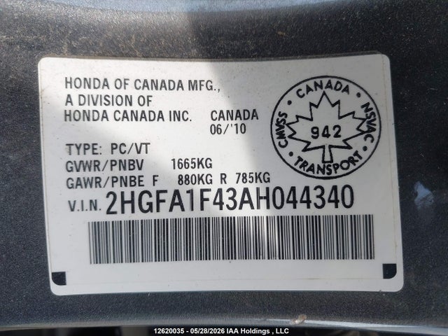 12620035 :رقم المزاد ، 2HGFA1F43AH044340 vin ، 2010 Honda Civic Dx-g مزاد بيع