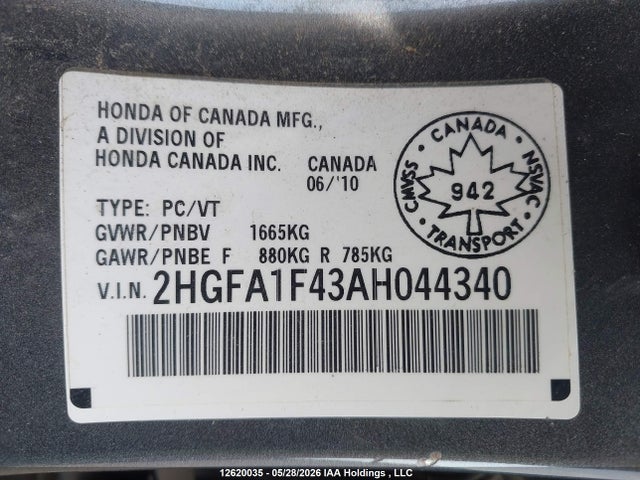 12620035 :رقم المزاد ، 2HGFA1F43AH044340 vin ، 2010 Honda Civic Dx-g مزاد بيع