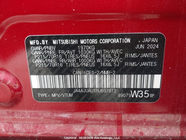 Aukcja sprzedaży 2024 Mitsubishi Rvr Es, vin: JA4AJUAU1RU607812, numer aukcji: 12620036
