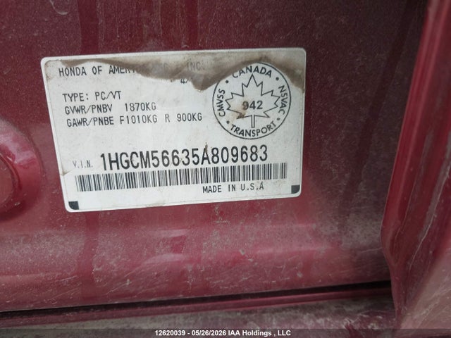 2005 Honda Accord Ex მანქანა იყიდება აუქციონზე, vin: 1HGCM56635A809683, აუქციონის ნომერი: 12620039