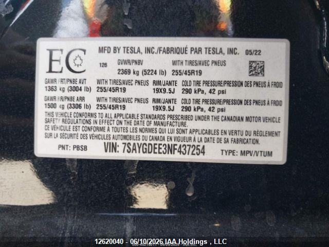 Aukcja sprzedaży 2022 Tesla Model Y, vin: 7SAYGDEE3NF437254, numer aukcji: 12620040