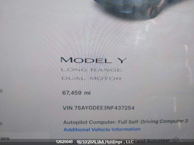 Aukcja sprzedaży 2022 Tesla Model Y, vin: 7SAYGDEE3NF437254, numer aukcji: 12620040