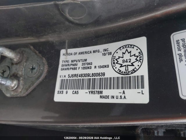 Продаж на аукціоні авто 2009 Honda Cr-v Lx, vin: 5J6RE48309L800639, номер лоту: 12620054