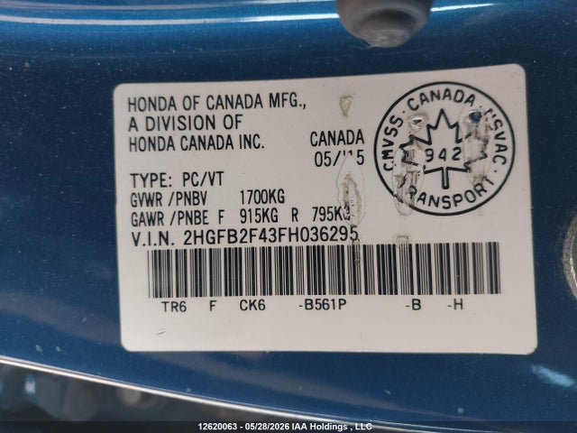 2015 Honda Civic Lx მანქანა იყიდება აუქციონზე, vin: 2HGFB2F43FH036295, აუქციონის ნომერი: 12620063