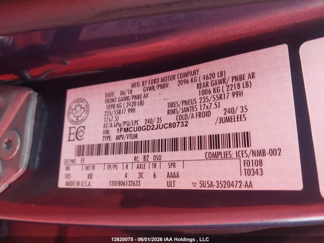 12620075 :رقم المزاد ، 1FMCU0GD2JUC80732 vin ، 2018 Ford Escape Se مزاد بيع