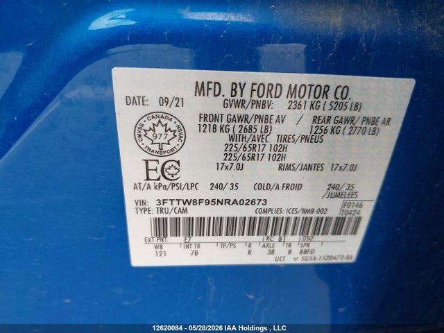 Aukcja sprzedaży 2022 Ford Maverick Xl/xlt/lariat, vin: 3FTTW8F95NRA02673, numer aukcji: 12620084