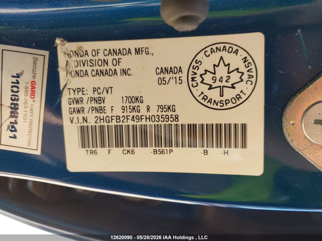 Aukcja sprzedaży 2015 Honda Civic Lx, vin: 2HGFB2F49FH035958, numer aukcji: 12620090