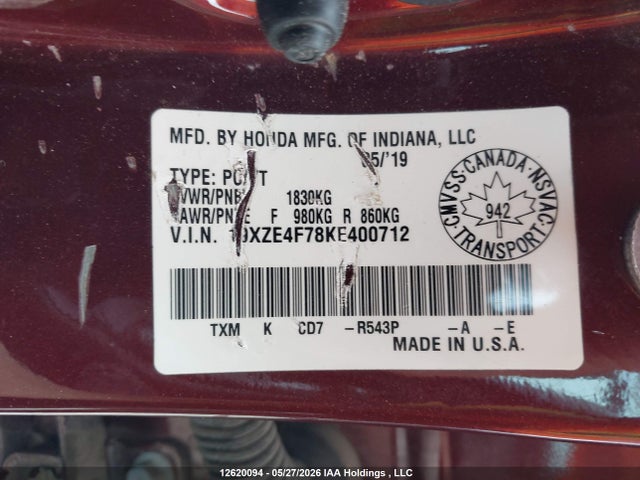 12620094 :رقم المزاد ، 19XZE4F78KE400712 vin ، 2019 Honda Insight Touring مزاد بيع