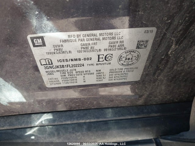 Aukcja sprzedaży 2015 Chevrolet Trax Ls, vin: 3GNCJKSB1FL202224, numer aukcji: 12620095