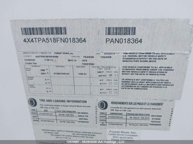 12620097 :رقم المزاد ، 4X4TPA518FN018364 vin ، 2015 Palomino Forest River 181fbs مزاد بيع