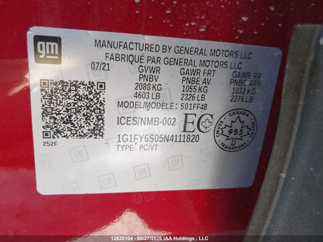 2022 Chevrolet Bolt Euv Lt მანქანა იყიდება აუქციონზე, vin: 1G1FY6S05N4111820, აუქციონის ნომერი: 12620104