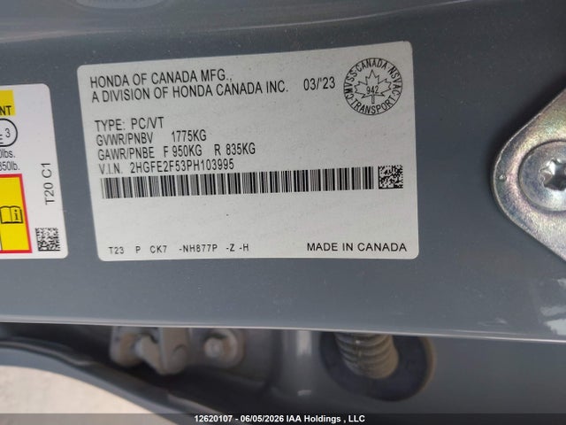 Продаж на аукціоні авто 2023 Honda Civic, vin: 2HGFE2F53PH103995, номер лоту: 12620107