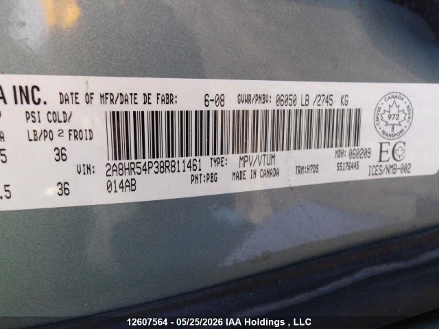 12607564 :رقم المزاد ، 2A8HR54P38R811461 vin ، 2008 Chrysler Town & Country Touring مزاد بيع