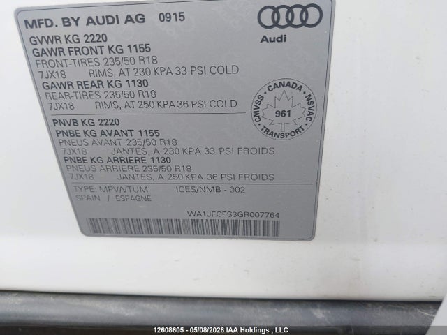 Aukcja sprzedaży 2016 Audi Q3 2.0t Progressiv, vin: WA1JFCFS3GR007764, numer aukcji: 12608605