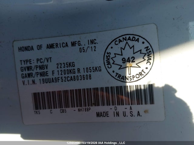 12565466 :رقم المزاد ، 19UUA9F52CA803608 vin ، 2012 Acura Tl مزاد بيع