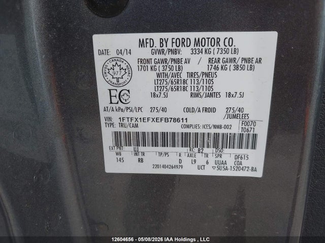 12604656 :رقم المزاد ، 1FTFX1EFXEFB78611 vin ، 2014 Ford F-150 Fx4 مزاد بيع