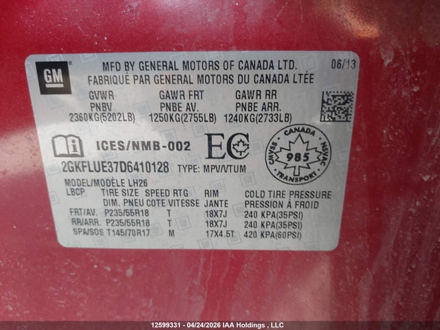 Aukcja sprzedaży 2013 Gmc Terrain Slt-1, vin: 2GKFLUE37D6410128, numer aukcji: 12599331