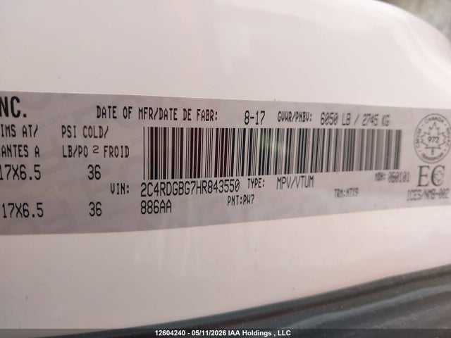 12604240 :رقم المزاد ، 2C4RDGBG7HR843550 vin ، 2017 Dodge Grand Caravan Cvp/sxt مزاد بيع