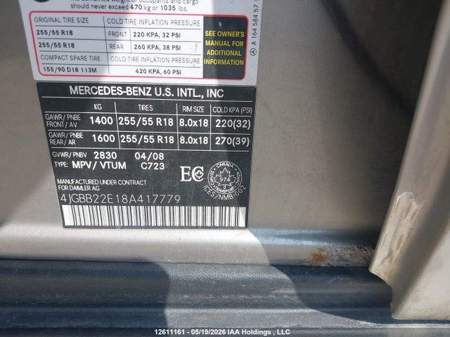 Aukcja sprzedaży 2008 Mercedes-benz Ml 320 Cdi 4matic, vin: 4JGBB22E18A417779, numer aukcji: 12611161