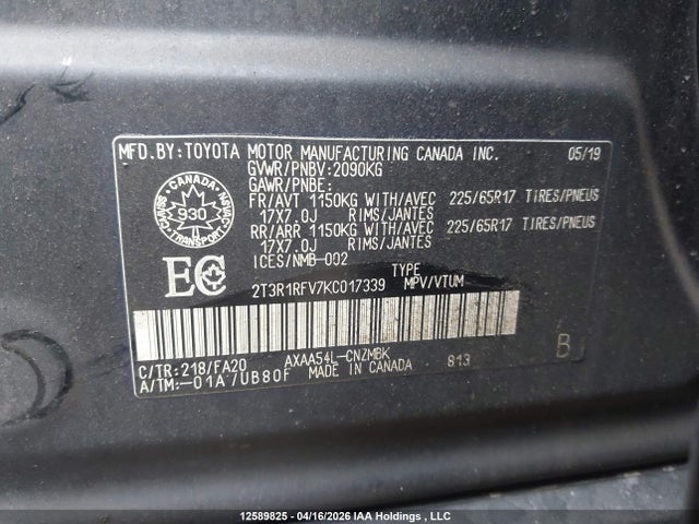 12589825 :رقم المزاد ، 2T3R1RFV7KC017339 vin ، 2019 Toyota Rav4 Xle مزاد بيع