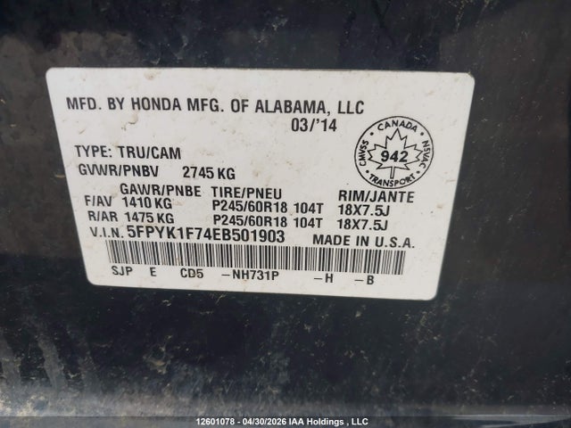 2014 Honda Ridgeline Sport მანქანა იყიდება აუქციონზე, vin: 5FPYK1F74EB501903, აუქციონის ნომერი: 12601078