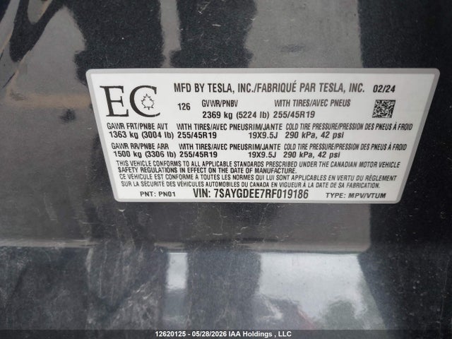 12620125 :رقم المزاد ، 7SAYGDEE7RF019186 vin ، 2024 Tesla Model Y مزاد بيع