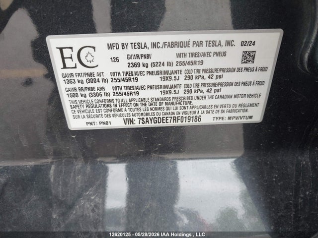 12620125 :رقم المزاد ، 7SAYGDEE7RF019186 vin ، 2024 Tesla Model Y مزاد بيع