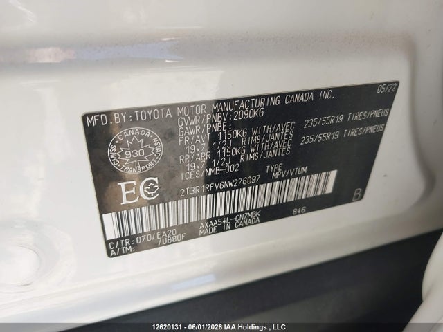 2022 Toyota Rav4 Xle მანქანა იყიდება აუქციონზე, vin: 2T3R1RFV6NW276097, აუქციონის ნომერი: 12620131