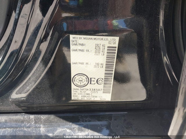 Продаж на аукціоні авто 2016 Nissan Altima 2.5/s/sv/sl/sr, vin: 1N4AL3AP7GN338507, номер лоту: 12620139