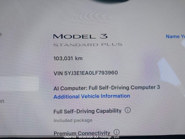 5YJ3E1EA0LF793960 Tesla Model 3 Standard Range Plus