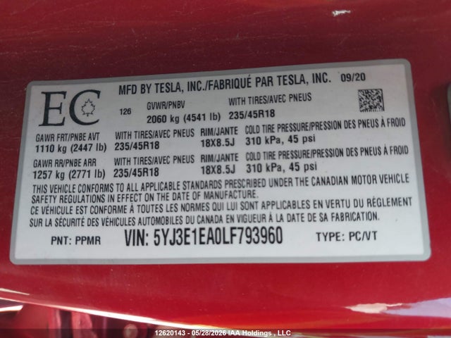 5YJ3E1EA0LF793960 Tesla Model 3 Standard Range Plus