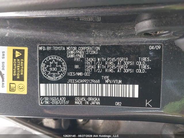 Aukcja sprzedaży 2009 Toyota Highlander Sport, vin: JTEES43A992129668, numer aukcji: 12620145