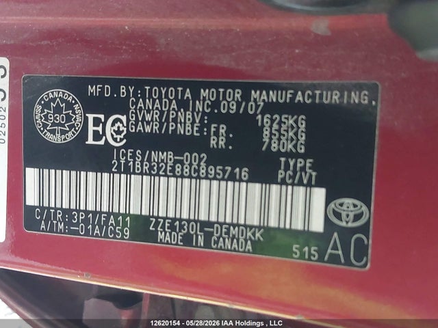 12620154 :رقم المزاد ، 2T1BR32E88C895716 vin ، 2008 Toyota Corolla Ce/le/s مزاد بيع