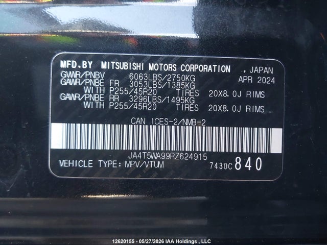 Aukcja sprzedaży 2024 Mitsubishi Outlander Sel, vin: JA4T5WA99RZ624915, numer aukcji: 12620155