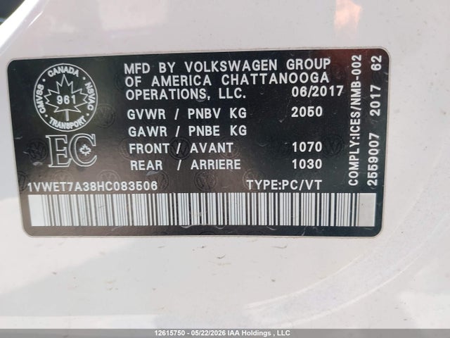 12615750 :رقم المزاد ، 1VWET7A38HC083506 vin ، 2017 Volkswagen Passat 1.8 Tsi Highline مزاد بيع