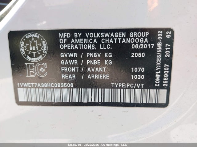 12615750 :رقم المزاد ، 1VWET7A38HC083506 vin ، 2017 Volkswagen Passat 1.8 Tsi Highline مزاد بيع