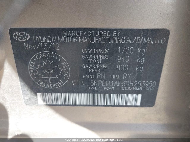 2013 Hyundai Elantra Limited მანქანა იყიდება აუქციონზე, vin: 5NPDH4AE3DH253950, აუქციონის ნომერი: 12615858