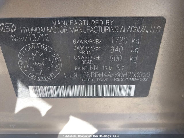 2013 Hyundai Elantra Limited მანქანა იყიდება აუქციონზე, vin: 5NPDH4AE3DH253950, აუქციონის ნომერი: 12615858