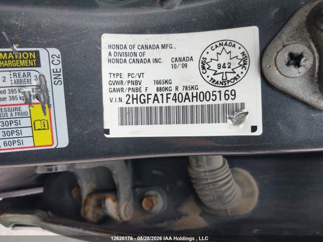 12620176 :رقم المزاد ، 2HGFA1F40AH005169 vin ، 2010 Honda Civic Dx-g مزاد بيع