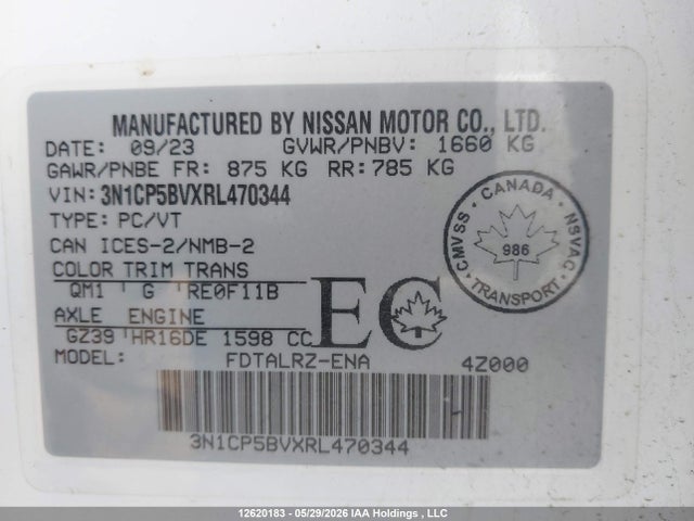 12620183 :رقم المزاد ، 3N1CP5BVXRL470344 vin ، 2024 Nissan Kicks S مزاد بيع