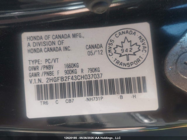 Продажа на аукционе авто 2012 Honda Civic, vin: 2HGFB2F43CH037037, номер лота: 12620185
