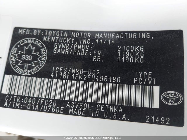 2015 Toyota Camry Le/xle/se/xse მანქანა იყიდება აუქციონზე, vin: 4T1BF1FK2FU496180, აუქციონის ნომერი: 12620196