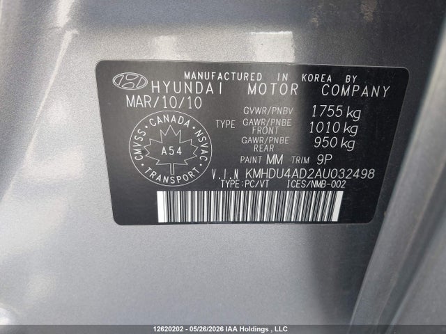 12620202 :رقم المزاد ، KMHDU4AD2AU032498 vin ، 2010 Hyundai Elantra Gls مزاد بيع